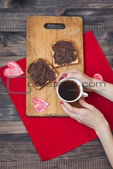 Toast with chocolate paste. Romantic breakfast on Valentine's Day. Love