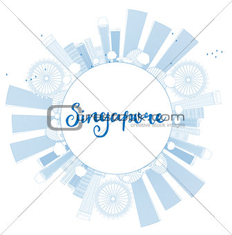 Outline Singapore skyline with blue landmarks and copy space. 