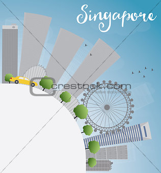 Singapore skyline with grey landmarks, blue sky and copy space.