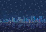 Night city landscape with snowflakes, seamless