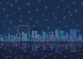 Night city landscape with snowflakes, seamless