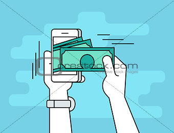 Mobile banking flat line contour illustration of human hand  withdraws cash