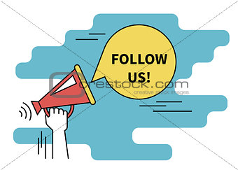 Follow us banner for social networks. Flat line contour illustration of human hand holds red megaphone
