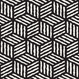 Vector Seamless Black And White Hand Painted Line Geometric Stripes Cube Pattern