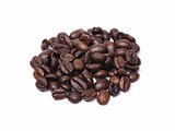 Small pile of roasted coffee beans isolated on white background