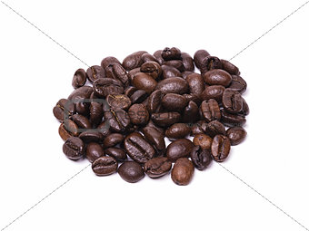 Small pile of roasted coffee beans isolated on white background
