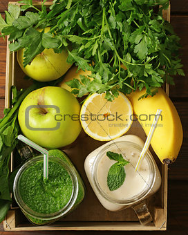 beverage with spinach, celery, pumpkin seeds and banana smoothie, detox and healthy food