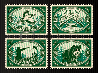 set template of stamps with elements for hunting, forest, animals