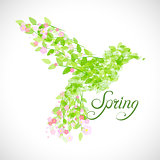 Flying beautiful bird with flowers and green leaves