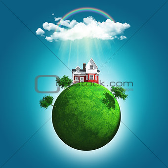 3D render of a grassy globe with a house and trees under rainbow