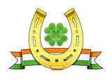 Saint Patrick's Day symbols. Horseshoe, flag, shamrock.