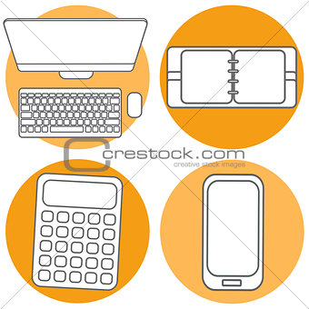 Set Abstract Creative concept vector illustration of modern Mobile phone, Calculator, Notepad, computer. Line icons. Flat design pictogram.
