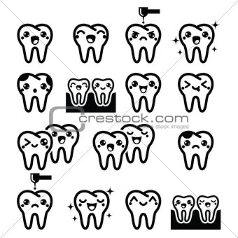 Kawaii Tooth, cute teeth characters - black vector icons set