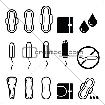 Feminine hygiene products - sanitary pad, pantyliner, tampon icons