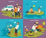 Family with kids concept flat icons set of travelling, fishing and camping