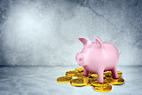 Piggy bank on coins