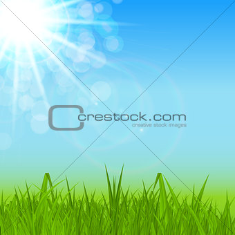 Natural Sunny Spring, Summer Background with Blue Sky and Green Grass Vector Illustration