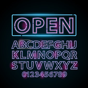 Vector pink and blue neon lamp letters font show vegas light sign theather