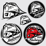 set of emblems in retro style with locomotives and railroad