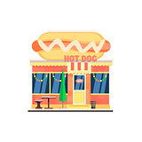 Hot Dog Cafe Front in Christmas. Vector Illustration