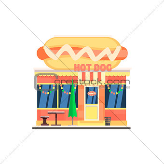 Hot Dog Cafe Front in Christmas. Vector Illustration