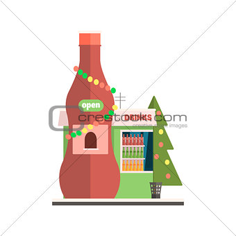 Drinks Shop Front in Christmas. Vector Illustration