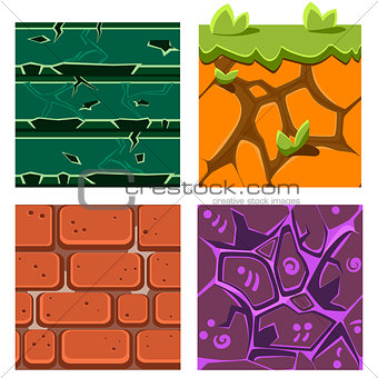 Textures for Platformers Icons Vector Set of Gems, Bricks and Ground