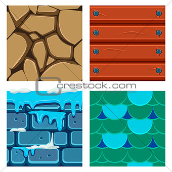 Textures for Platformers Icons Vector Set of Wood, Scale and Bricks