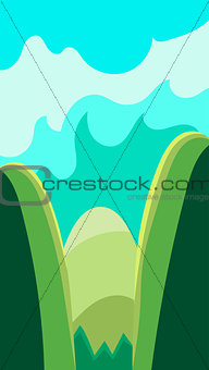 Vertical Landscape Illustration, Green Hills and Clouds