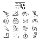 Big set linear icon camping and tourism vector