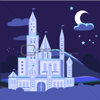 Night landscape illustration with castle Vector flat