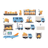 Warehouse flat set of logistics packing process delivery services isolated icon vector