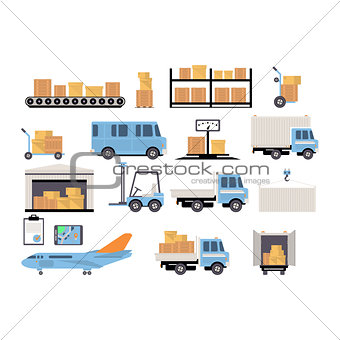 Warehouse flat set of logistics packing process delivery services isolated icon vector