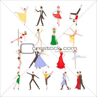 Dance festival, different dance styles, flat icon set isolated vector