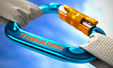 Blue Carabiner Hook with Text Teambuilding.