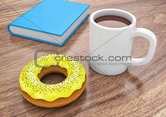 Donut with cup and book
