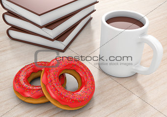 Donuts with cup and books