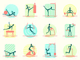Set of sport equipment icons with person making different gym activity. Athletic, body building, training and workout exercises for people.
