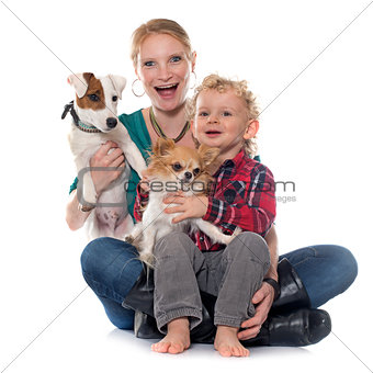 little boy, dogs and mother