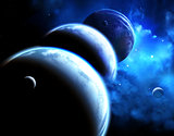 Beautiful space scene with parade of planets and nebula