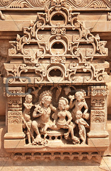 Human sculptures on wall at temple, Rajasthan, India