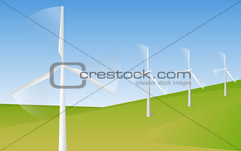 Wind turbine farm in green fields during sunrise