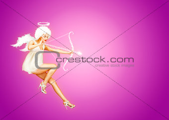 Pink Valentine Card with Flying Cupid