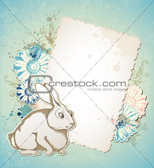 Easter card with rabbit and flowers
