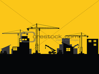 factory construction site mobile cranes city silhouette