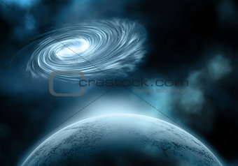 Night sky with fictional planet and galaxy