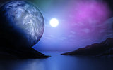3D landscape with planet over lake