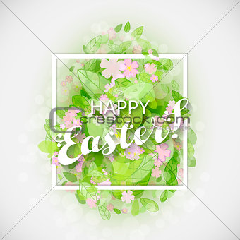 Beautiful card Easter egg with green leaves