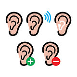 Ear hearing aid, deaf person - health problem icons set