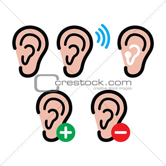 Ear hearing aid, deaf person - health problem icons set